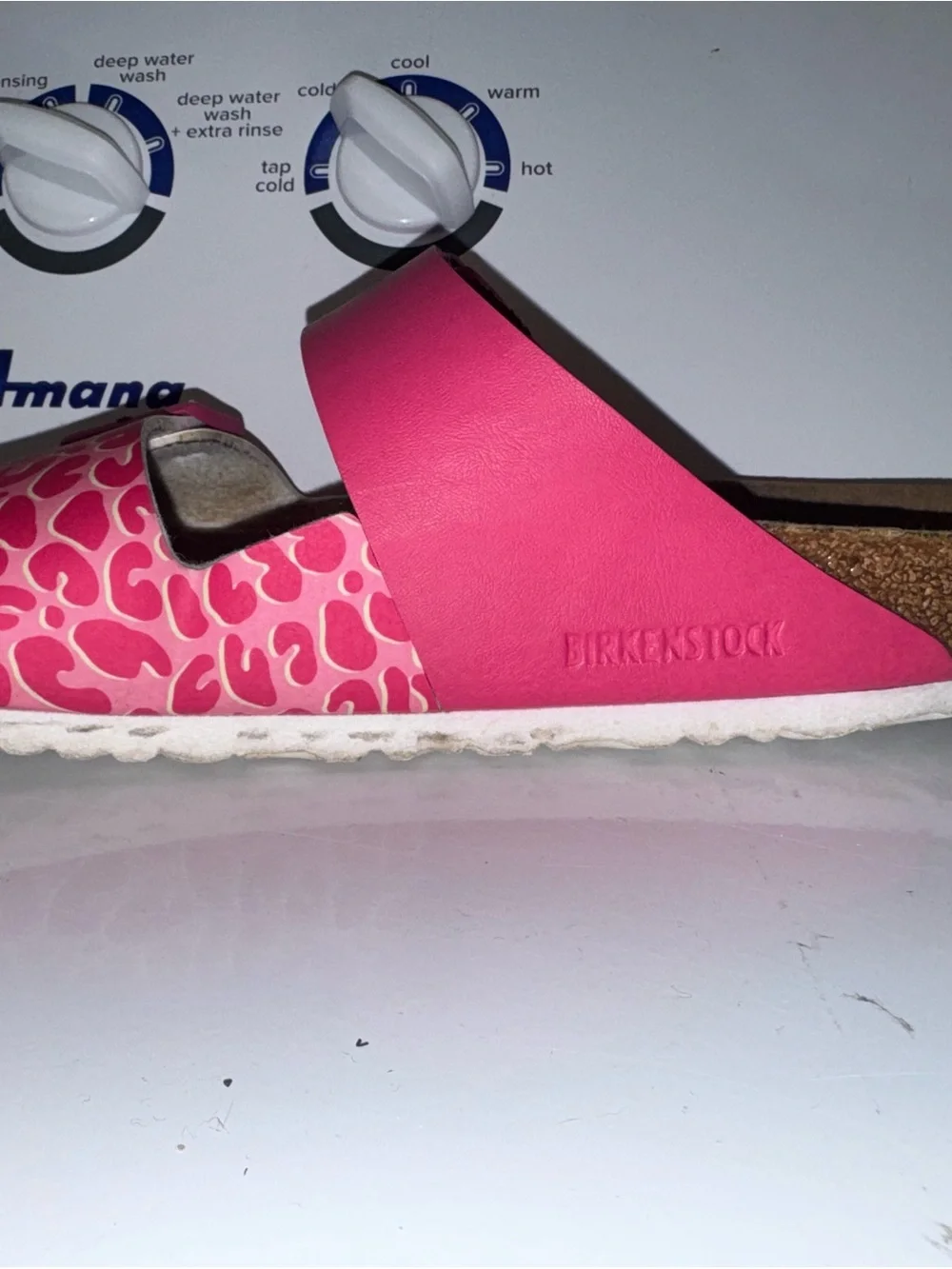 Birkenstock Pink Dual-Strap Slide Sandals with Leopard Print